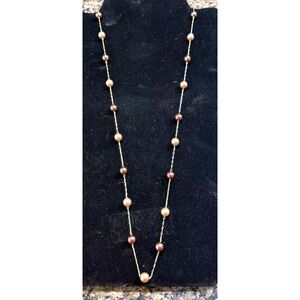 RMN Gold Tone Champagne and Brown Faux Pearl Station Necklace 28 Inch Long